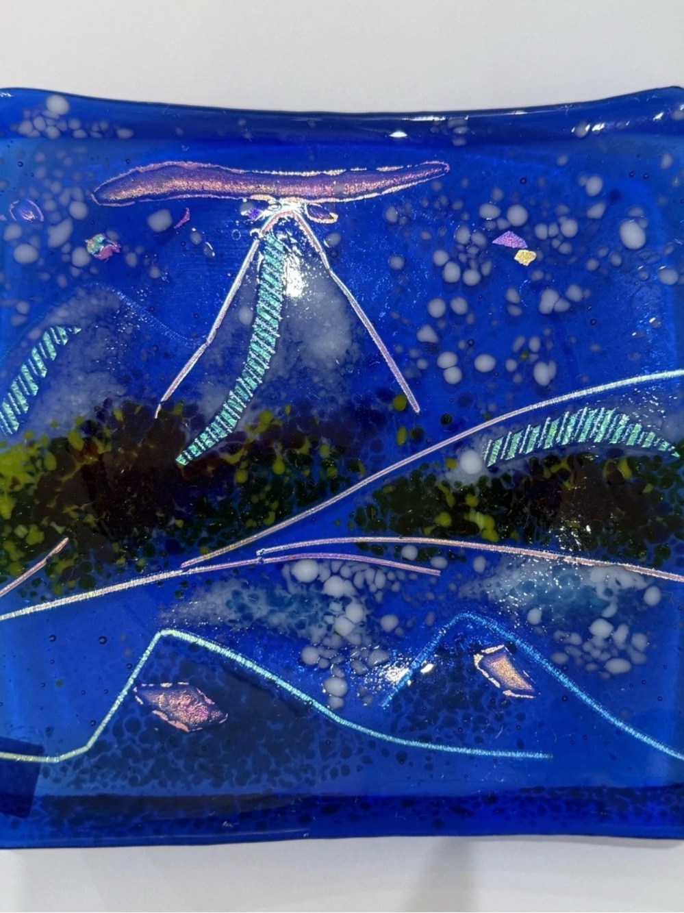 Laura Mendola Fused Glass Dish Alaskan Artist Signed Blue 6”